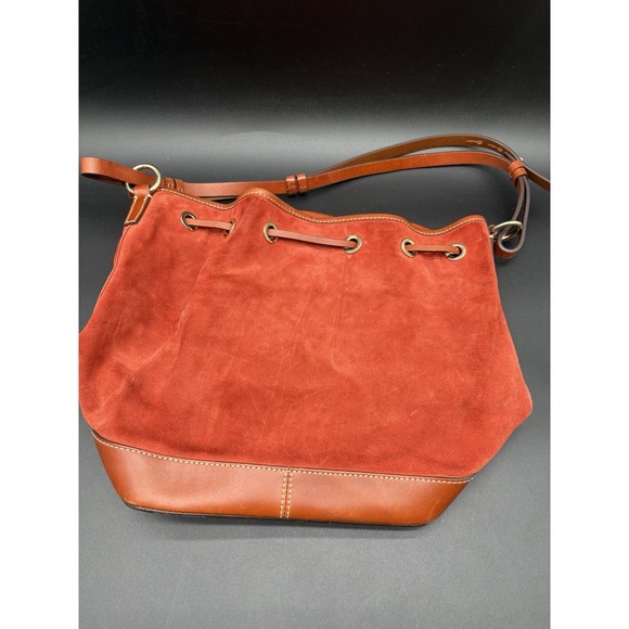 Dooney & Bourke Suede Drawstring Bucket Bag Orange Rust Tassel Leather Vintage - Picture 4 of 14